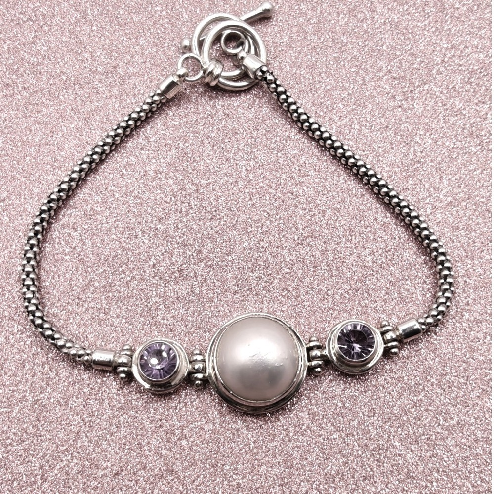 Sterling‎ Silver Mabe Pearl Amethyst Popcorn Chain Toggle Bracelet